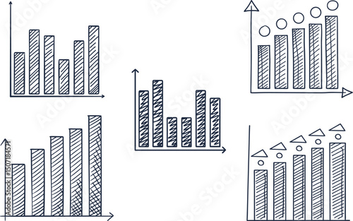 hand drawn bar charts and graph sketches statistical analysis, analytics infographic elements, data visualization concept