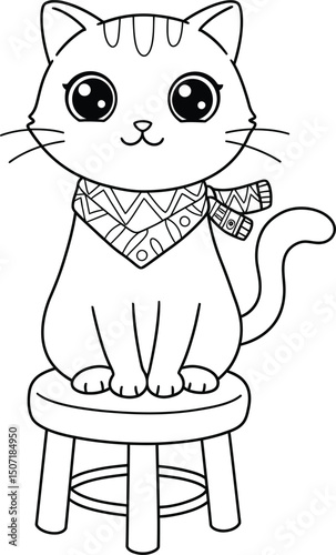 Cute cat sitting on stool lineart illustration suitable for coloring book with scarf accessory design