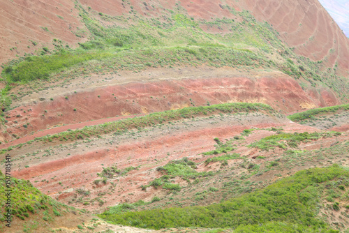 Colorful spectacular panoramic view of rainbow mountains hills in Georgia. Striped desert of Mravaltskaro mountains at the border of Georgia and Azerbaijan. Famous tourist place