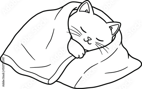Cat lineart illustration suitable for coloring book featuring a sleeping cat wrapped in a blanket cozy and peaceful design