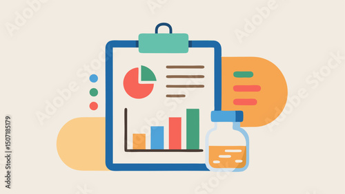 Laboratory Test Results An illustration of a clipboard displaying a laboratory test report with colorful graphs and charts alongside a container of health supplements indicating