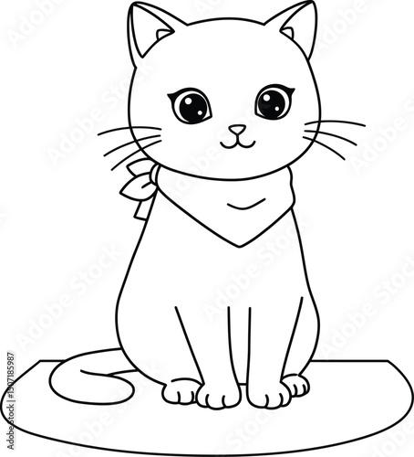 Cat sitting on mat lineart illustration suitable for coloring book with cute facial expression and scarf around neck