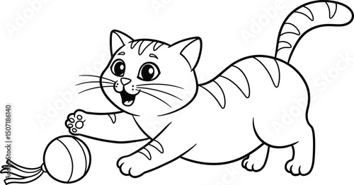 Cat playing with ball lineart illustration suitable for coloring book simple and cute pet activity design