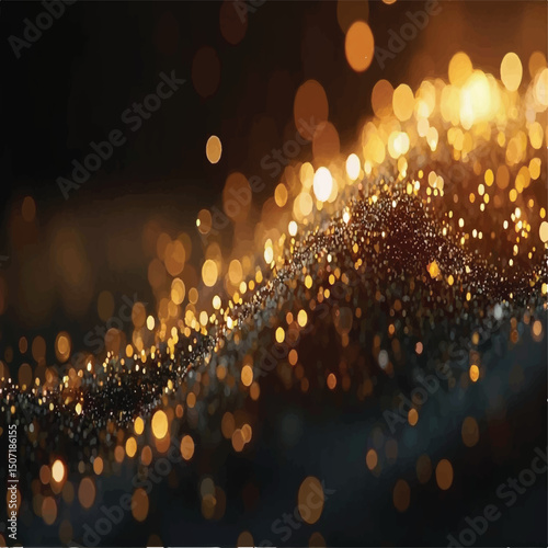 A dark background is adorned with a wave of shimmering golden bokeh lights, creating a luxurious and festive atmosphere, ideal for celebratory or elegant designs.