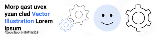 Blue happy face with three gears of varying sizes implying teamwork, process improvement, and efficiency. Ideal for technology, innovation, collaboration, creativity, brainstorming, automation
