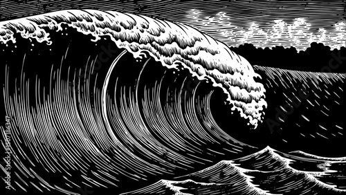 The Wave vector black and white isolated hand drawn sketch
