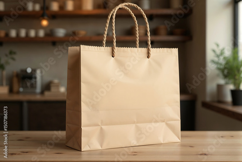 Blank Paper Shopping Bag on Wooden Table, Rustic Kitchen Style, Beige and Brown, Eco-Friendly Retail Branding Mockup [with copy space]