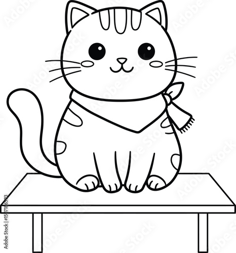 Cat lineart illustration suitable for coloring book featuring cute cat with scarf sitting on table vector art