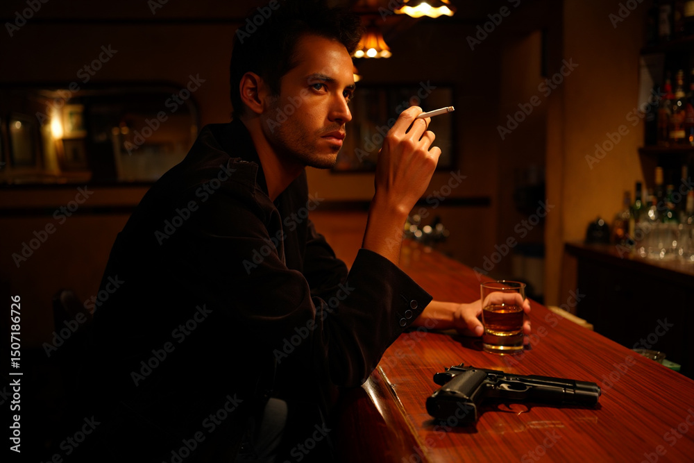 custom made wallpaper toronto digitalA person is sitting at a bar, holding a cigarette and a drink, with a handgun on the counter.