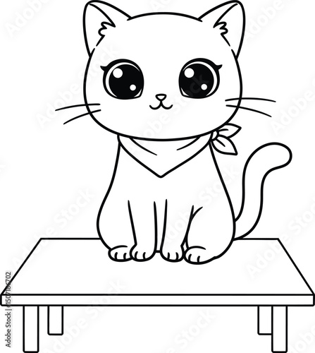 Cute cat lineart illustration suitable for coloring book sitting on table with big eyes calm mood