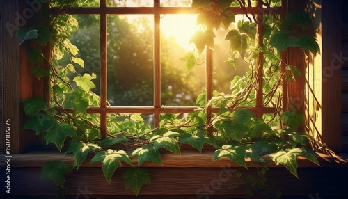 Sunlit ivy growing on a wooden trellis in a recessed window. ideas