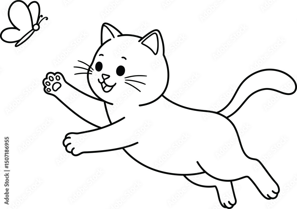 Naklejka premium Cat and butterfly lineart illustration suitable for coloring book with playful animal design and simple outlines for creativity 