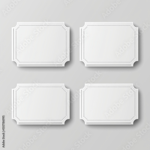 Set of 4 blank white tickets with decorative edges, elegant shapes for event invitations, raffles, or coupons, isolated on light background.