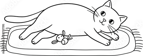 Cat lineart illustration suitable for coloring book with toy mouse on rug vector drawing