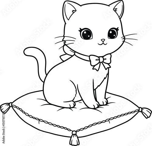 Cat lineart illustration suitable for coloring book showing adorable kitten sitting on decorative pillow vector art 