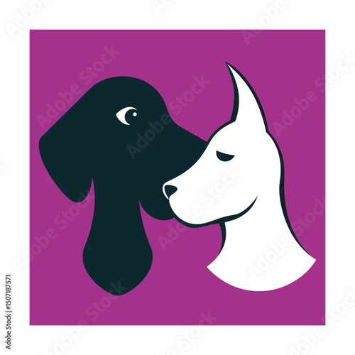 Two stylized dog portraits black and white design on a vibrant purple background