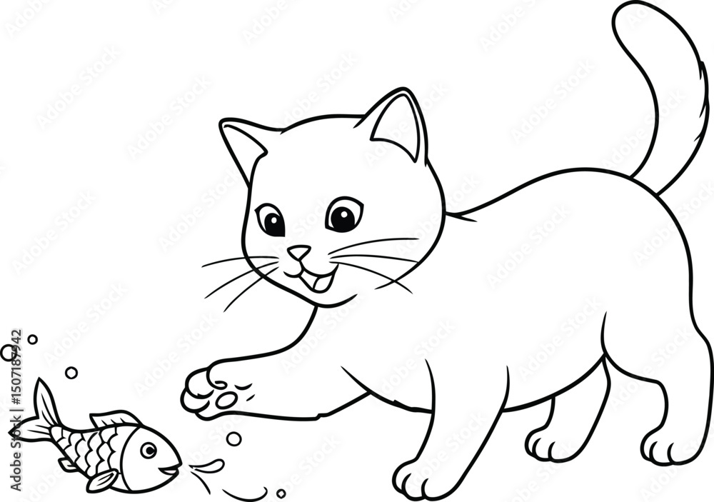 Obraz premium Cat playing with fish lineart illustration suitable for coloring book animal activity design