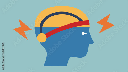 Neurostimulation Symbols Side view of a headband with energy lines and small sparklike graphics showing the stimulation effect on the temples.