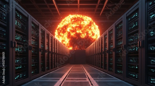 Hacking crisis concept. Data center with a fiery sun-like explosion in the background.