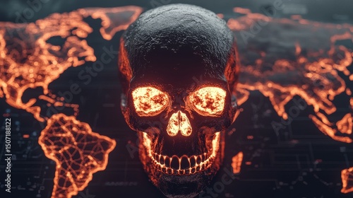 Hacking crisis concept. Skull graphic overlaying a world map in fiery colors.