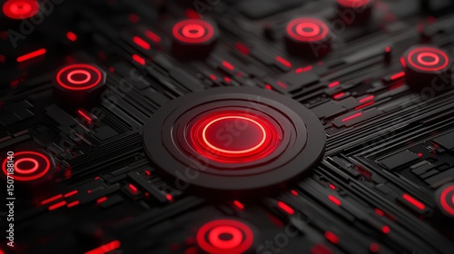 Hacking crisis concept. Abstract circuit design with red accents on a dark background.