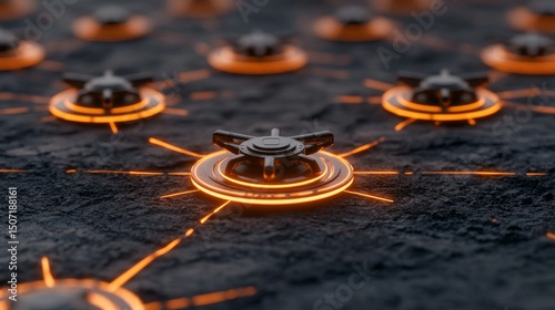 Hacking crisis concept. Futuristic network design with glowing nodes and central hub.