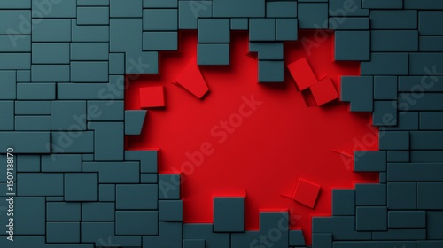 Hacking crisis concept. Colorful abstract design with a hole in a wall of blocks.