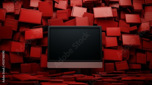 Hacking crisis concept. Black screen monitor surrounded by red data blocks.