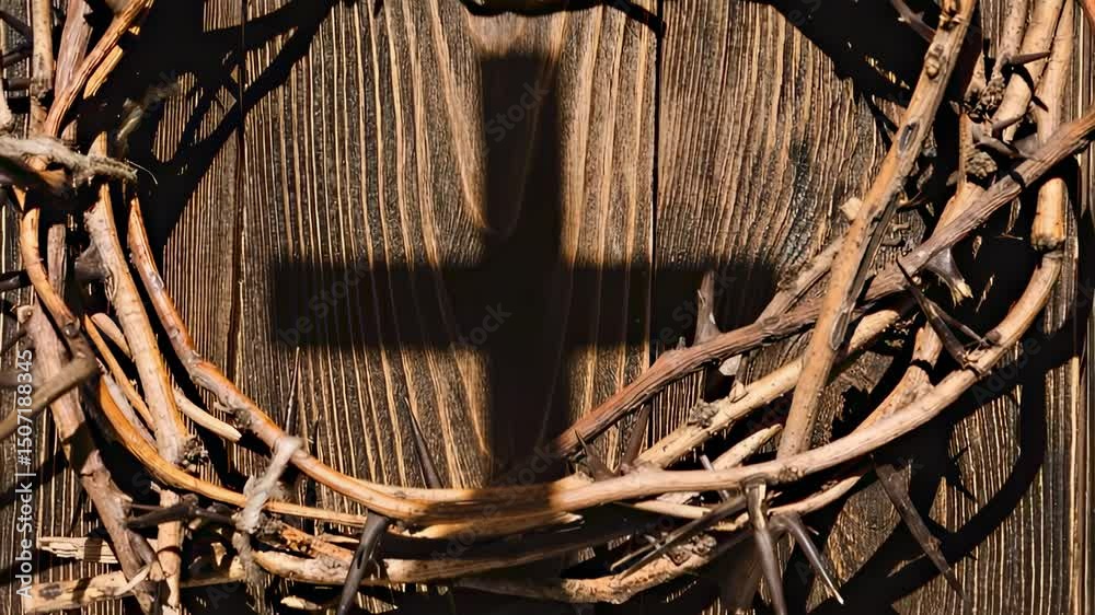 A cross shadow on a wooden surface with a thorny wreath creates a symbolic display of faith.