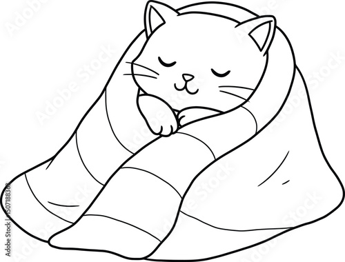 Cat lineart illustration suitable for coloring book with sleeping feline wrapped in blanket vector art