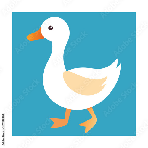Cute cartoon illustration of a walking white goose with orange beak and feet on blue background