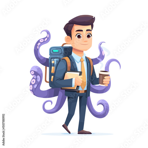 Busy Businessman with Octopus Arms