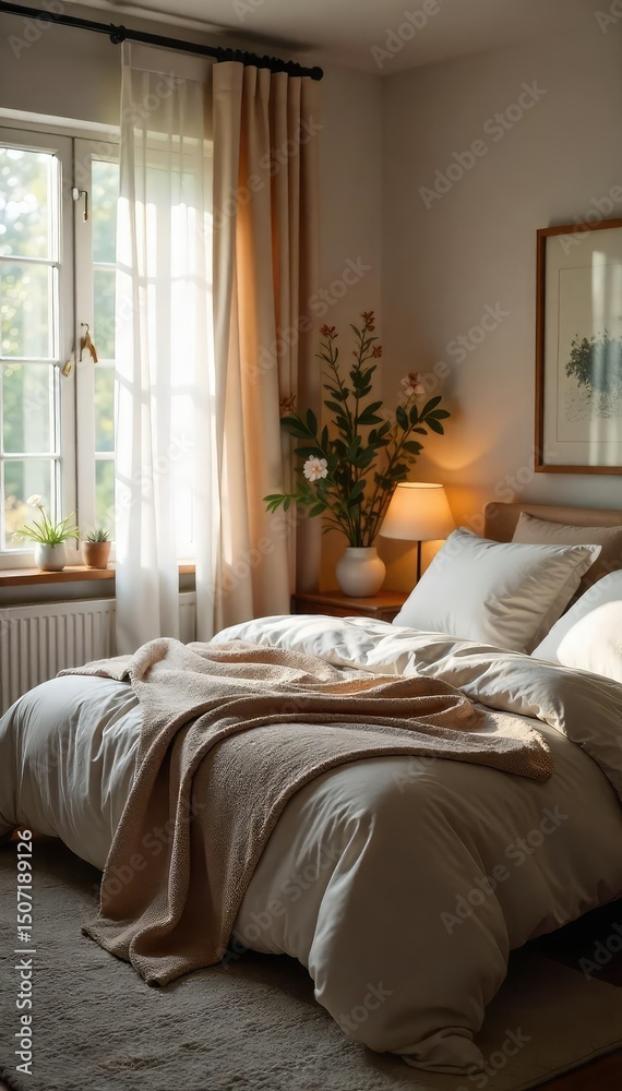 Fototapeta premium Cozy and inviting bedroom, soft lighting, plush bedding, serene atmosphere, perfect for relaxation and peaceful sleep , warmth, private, textiles