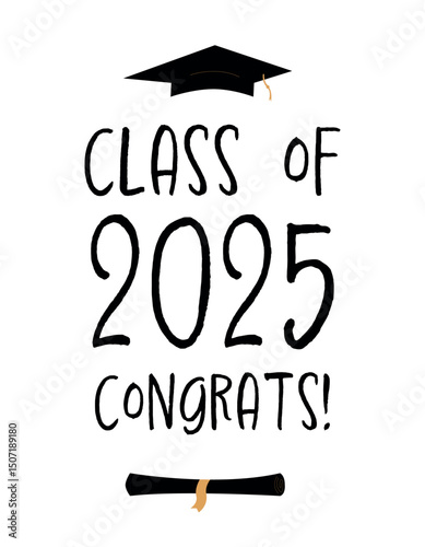 Graduation banner design for the Class of 2025 featuring a graduation cap and diploma. Hand-lettered brush style text reading 