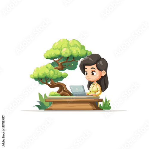 Woman Working on Laptop by Bonsai Tree
