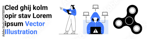 Hooded hacker using laptop under surveillance, data presenter pointing at screen, and spinner toy. Ideal for cybersecurity, presentations, technology trends, online threats, modern tools