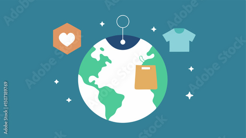 Fair Trade Symbol An illustration showing a clothing item with a prominent Fair Trade label surrounded by an array of small global symbols representing ethical production.