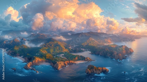 Island Coastline View with Dramatic Clouds and Turquoise Ocean Scenery