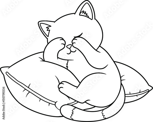 Cat lineart illustration suitable for coloring book featuring sleeping kitten on pillows cozy design