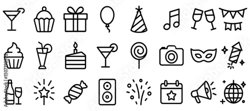 Festive celebration outline icon featuring party hats, gifts, and delicious treats for any joyous event