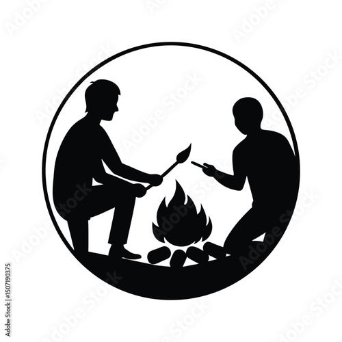 Dad and son roasting marshmallows over a campfire silhouette on white background
