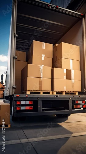 Unloading a large delivery truck with cardboard boxes and wooden pallets on a loading dock, cargo delivery.