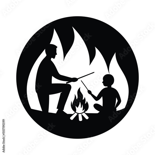 Dad and son roasting marshmallows over a campfire silhouette on white background