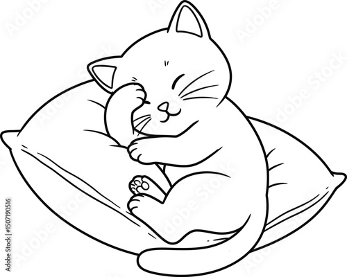 Sleeping cat lineart illustration suitable for coloring book with cute kitten resting on pillow vector design