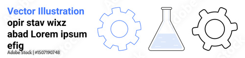 Two gear icons and a laboratory flask showcasing collaboration, innovation, process, science, and technology. Ideal for engineering, mechanics, research, automation innovation science simple