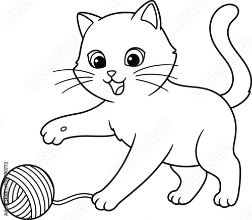 Playful cat lineart illustration suitable for coloring book with ball of yarn design for kids and animal lovers 