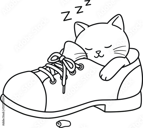 Cat sleeping inside shoe lineart illustration suitable for coloring book with cute animal design peaceful scene 