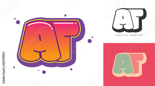 AT logo design for festival or party. Initial letter a and t in graffiti style. Creative modern lettering company name of font typography. Kids trendy logotype or identity.
