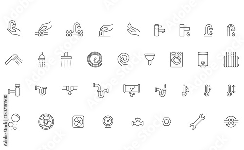 Set of outline icons related to plumbing and household maintenance. Represents services, repairs, and equipment in a simple, modern style. Versatile for diverse projects.
