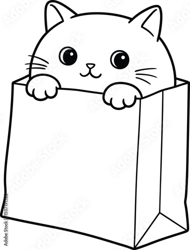 Cat lineart illustration suitable for coloring book with cute kitten in paper bag design for creative activities and relaxation 